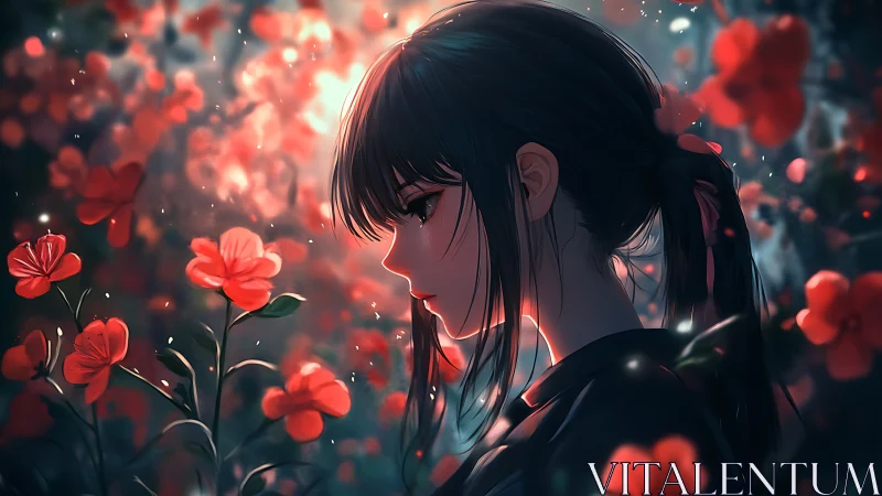 Anime profile portrait in bokeh-lit crimson floral field.