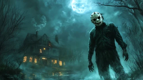 Digital painting slasher under moonlit sky before haunted house.