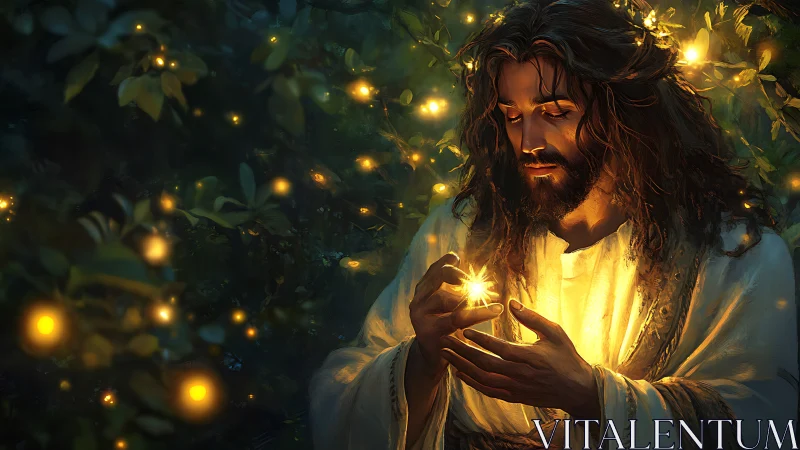 Gentle robed figure cradling a glowing light in the forest.