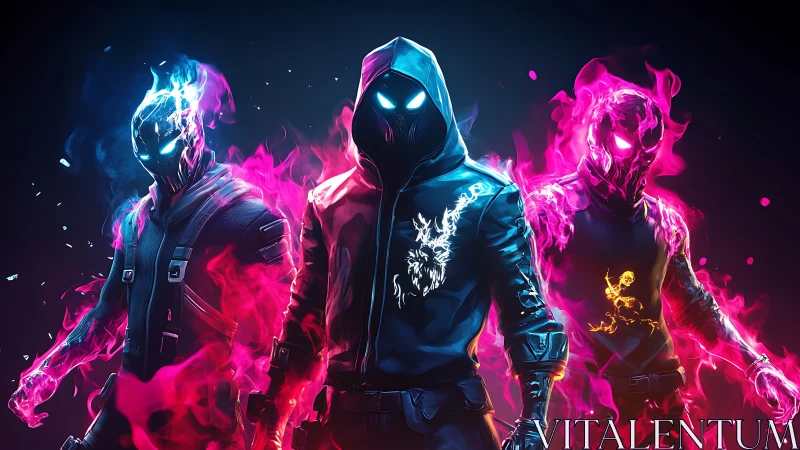 Neon hooded fire warriors in glowing cyber inferno lineup.