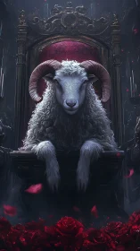 Majestic ram sits upon a dark throne over crimson roses