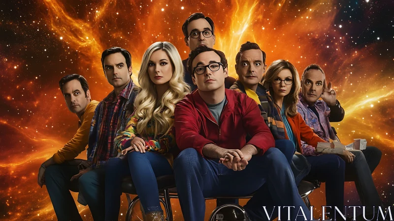 Ensemble of seated figures before vivid cosmic nebula backdrop.