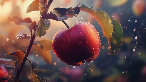 Rain-kissed orchard jewel suspended in golden hush.