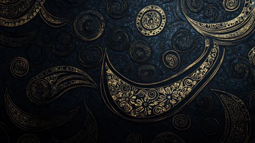 Gold paisley crescents on dark textured abstract background.