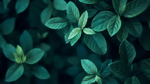 Emerald leaf canopy with soft focus botanical bokeh rendering.