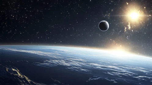 Sunrise over star-sprayed Earth with a quiet watching moon.