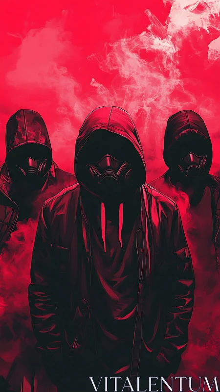 Hooded figures in masks emerge from red smoke-filled shadows