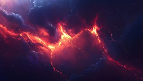 Fiery cosmic rift tears through stormy nebula clouds.