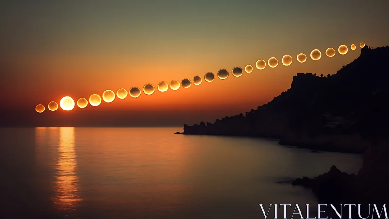 Sequential solar transit over coastal silhouette at twilight.