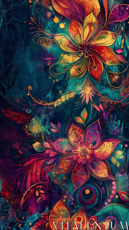 Luminescent floral mandalas bloom in swirling cosmic night.