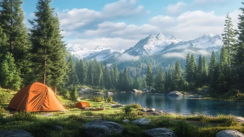 Morning camping joy beside a calm forest lake and peaks