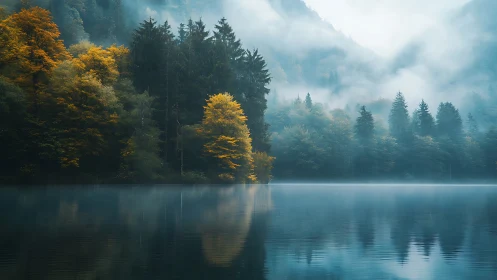 Misty Alpine Lake with Autumnal Forest Reflections and Atmospheric Layering