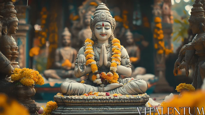 Serene Hindu deity statue adorned with vivid marigold garlands.