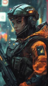 Armored urban ranger in rain-soaked tactical exosuit and visor display