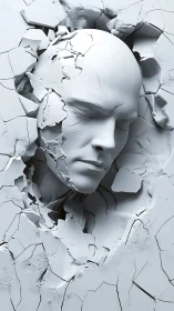 White sculpted face emerging through cracked plaster wall.