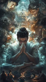 Meditative deity surrounded by ethereal celestial guardians.