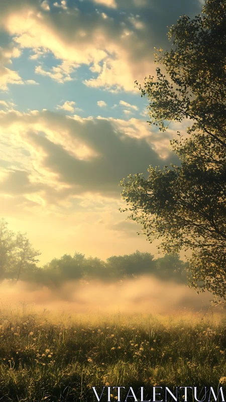 Sunlit meadow with morning mist under glowing clouds.