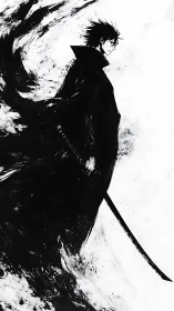 Solitary swordsman emerges from swirling ink darkness