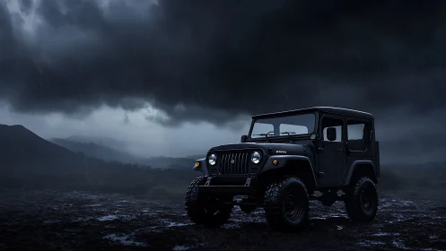 Storm-hungry off-road jeep prowls beneath thunder skies.