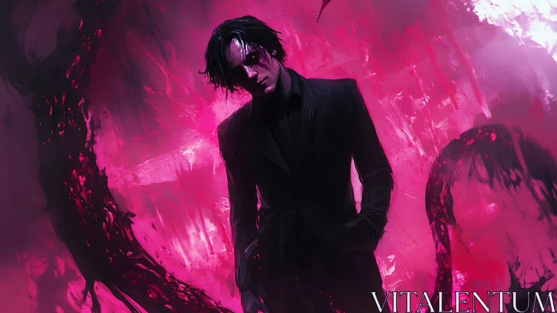 Digital painting of suited antihero in crimson abstract void.