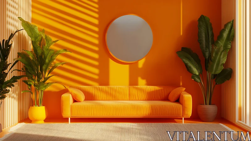 Monochrome orange living room with sofa, plants, and round mirror