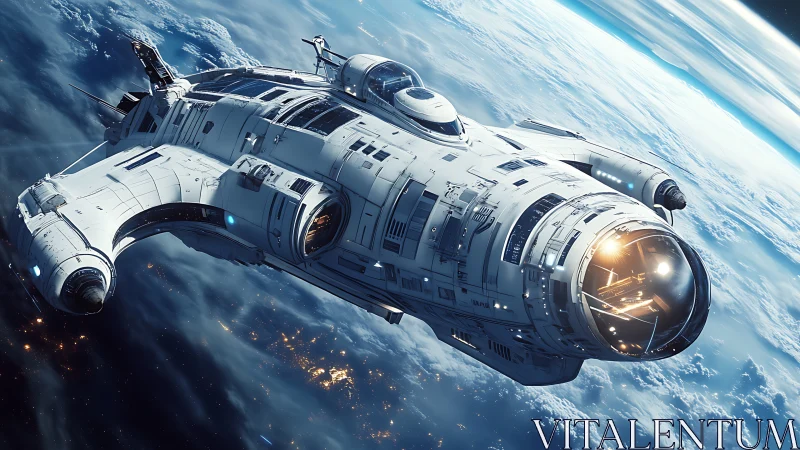 Angular starship cruises in low orbit above clouded Earth