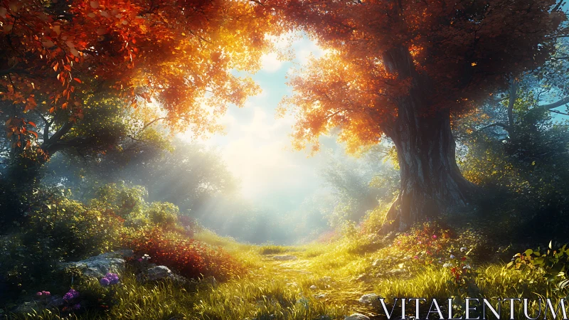 Enchanted Forest Clearing with Ancient Tree and Radiant Sunlight.