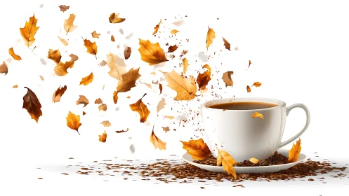 Photorealistic white cup with autumn leaves dissolving into steam