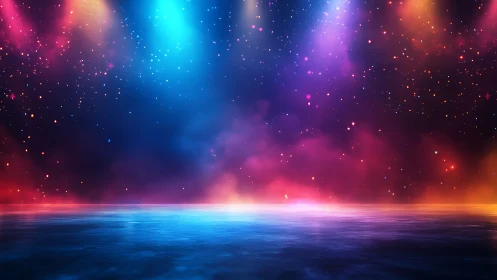 Colorful stage lights illuminate reflective water surface