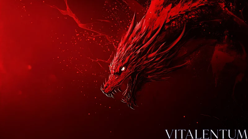 Fiery crimson dragon emerging from shadows in vivid flame.