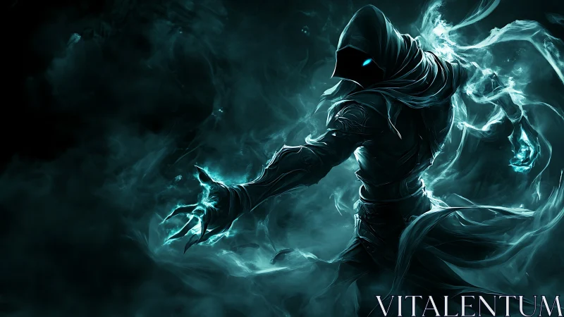 Mystic hooded reaper reaches out with swirling blue power