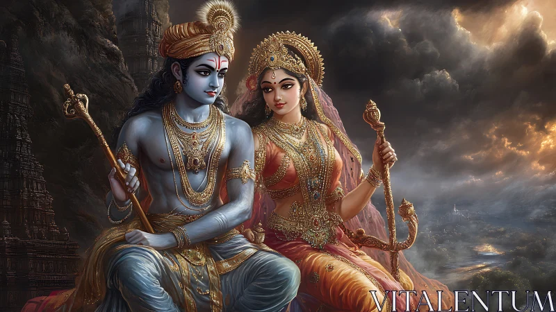 Divine couple in radiant robes beneath stormlit skies.