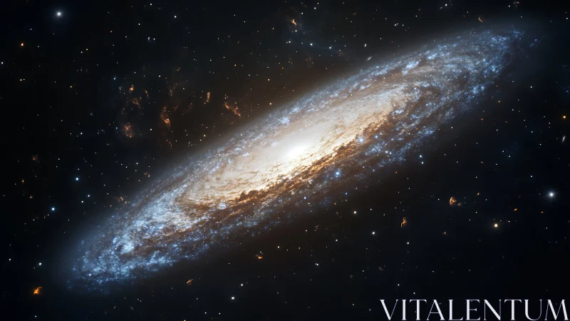 Edge-on spiral galaxy with bright core and blue star bands