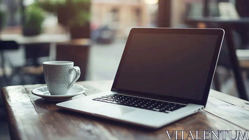 Glossy laptop and ceramic coffee cup on rustic café table