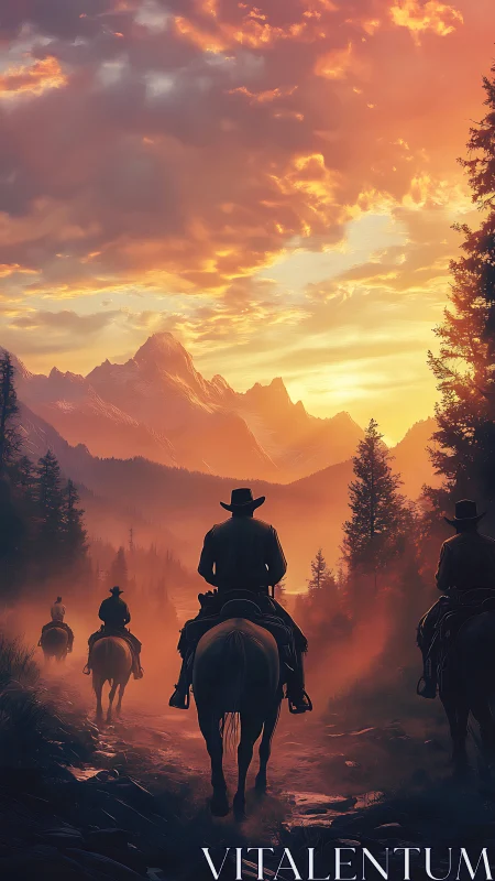 Riders traverse misty forest trail under high-dynamic sunset sky