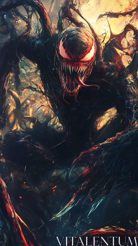 Symbiotic black creature with tendrils in fiery environment.