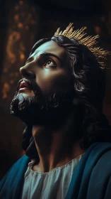 Devotional portrait shows radiant crowned figure in prayerful light