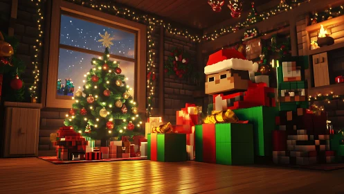 Voxel Christmas living room glows with tree and gifts