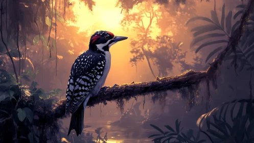Woodpecker perches on mossy branch in dense backlit jungle