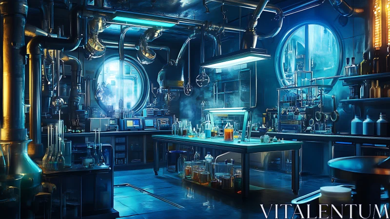 Futuristic blue laboratory glows with tubes, tanks, and glassware.