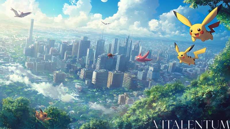 Pikachu glides above a sparkling city of clouds and steel