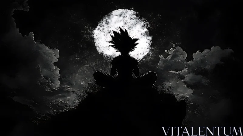 Anime warrior silhouette meditating under full moon
