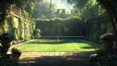 Sunlit garden tennis court framed by lush stone walls.