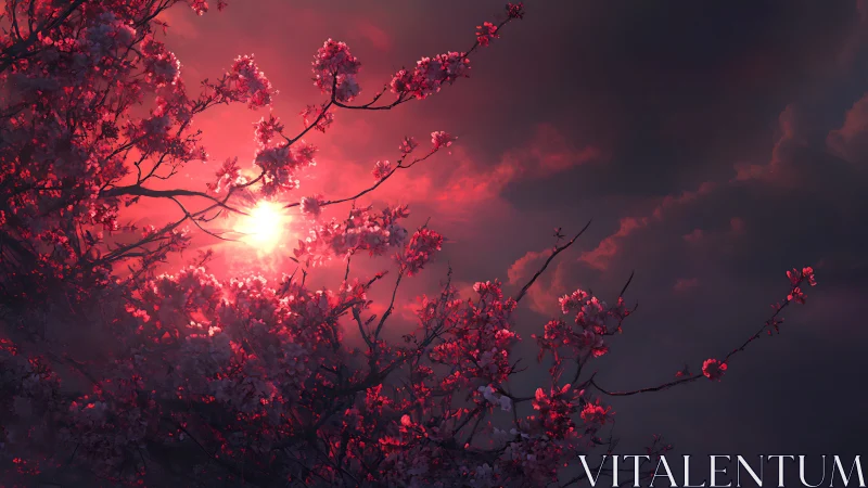 Cherry blossoms burn against dark stormlit evening sky