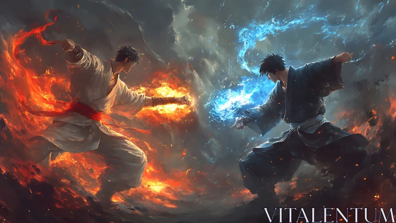 Two martial artists oppose each other with fire and ice
