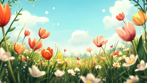 Tulip Reverie: Technicolor Blooms Dance Across Sunlit Meadow.