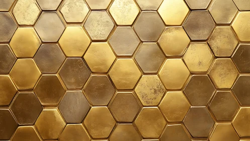 Metallic hexagonal tessellation with brushed gold patina surface.