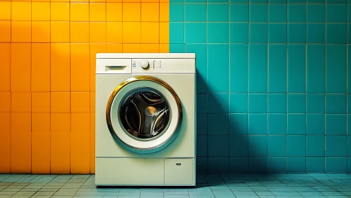 Vintage washing machine positioned against complementary color-split tiled backdrop
