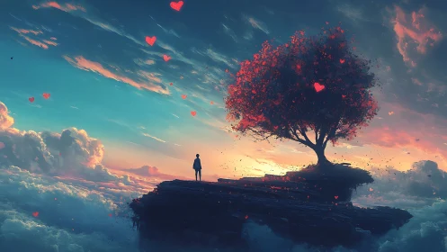 Solitary figure beneath luminous heart tree above clouds