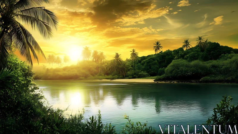 Tropical river sunset glows over lush palm coastline.
